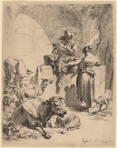 The Shepherd Seated on a Fountain and the Spinner by Nicolaes Pietersz Berchem