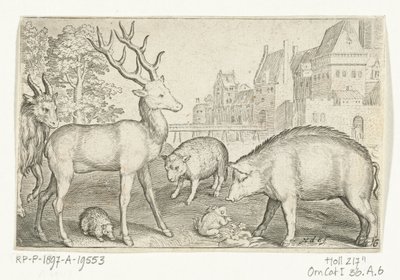 Deer, Hedgehog, Sheep, Frog, and Pig (Animals in Landscapes) by Nicolaes de Bruyn
