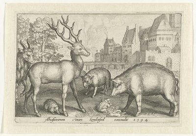 Hert, Egel, Schaap, Kikker en Varken (Animalivm Qvadrvpedvm, Dieren in Landschappen) by Nicolaes de Bruyn