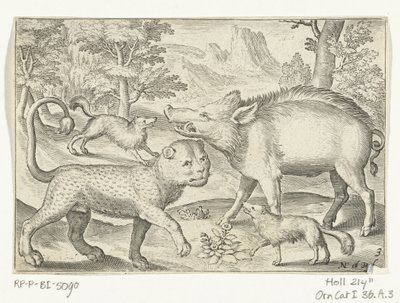 Leopard, Wild Boar, and Dogs (series title: Four-legged Animals) by Nicolaes de Bruyn