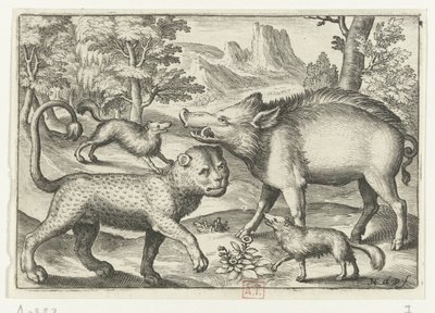 Leopard, Wild Boar and Two Dogs (series title) Animalivm qvadrvpedvm (series title) Animals in Landscapes by Nicolaes de Bruyn