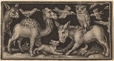 Owl on Back of Donkey, Bird on Back of Camel with Other Animals by Nicolaes de Bruyn