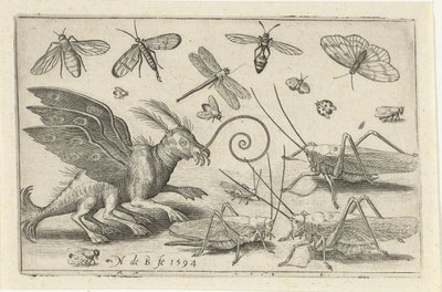 Grasshoppers and Fantasy Creature with Wings and Webbed Feet Birds and Insects (series title) by Nicolaes de Bruyn