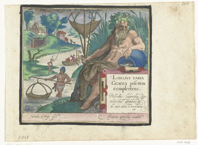 Title Page with Title and River God with Trident and Fishing Net in Landscape with Fishermen (Libelivs varia Genera piscium complectens) by Nicolaes de Bruyn