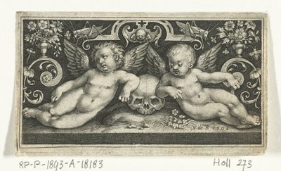 Two Fighting Children Riding Goats, Flanked by Children Blowing Trumpets by Nicolaes de Bruyn