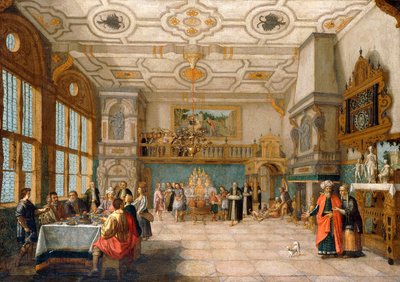 Lazarus at the Door of a Banqueting Hall with Elegant Figures Dining by Nicolaes de Gyselaer