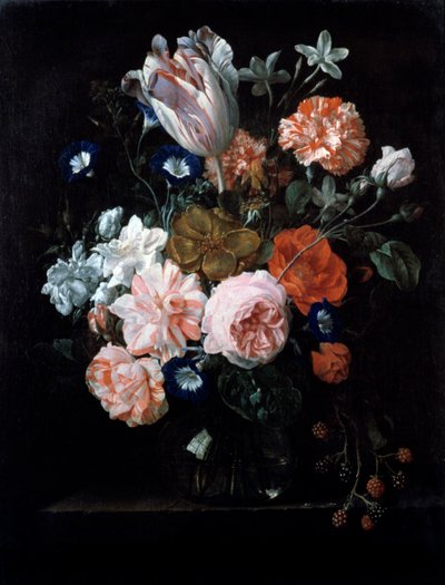 A Tulip, Carnations, and Morning Glory in a Glass Vase by Nicolaes van Veerendael