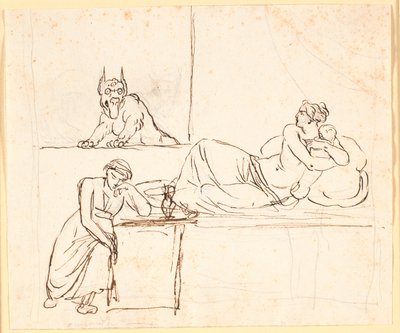 A Woman Lying with an Infant on a Bed, Sees a Monster Appearing in the Window. At the Foot of the Bed Sits a Sleeping Woman by Nicolai Abildgaard