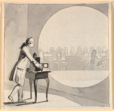 A Man with a Magic Lantern Showing a Picture of the Empty Council Chamber by Nicolai Abildgaard