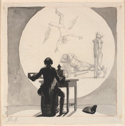A Man with a Magic Lantern Shows a Picture of the Decline of Trade and Craftsmanship - the Lame Mercury, the Sleeping Vulcan etc. by Nicolai Abildgaard