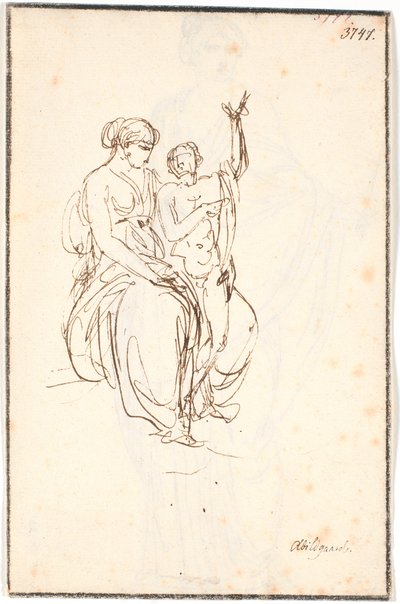 A seated young woman with a standing naked boy raising one arm by Nicolai Abildgaard