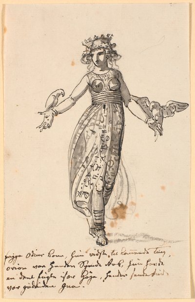 Frigga Walking with a Pair of Hawks on Outstretched Arms. Along with Some Lines of the Artist
