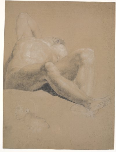 Half-Reclining Model. Right Arm Bent and Hand Hidden Under Head. Left Leg Bent. Right Leg Almost Extended. Lower Left Corner: Man