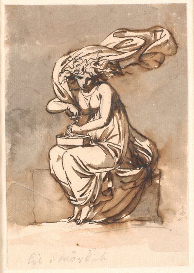 Light in the Dark. Seated Woman in Antique Dress Holding Fire Tools on Her Lap by Nicolai Abildgaard