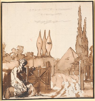 The Goal of Life. Allegorical Drawing. A Woman Opens the Gate to a Cemetery with a Metaphor and Pyramid by Nicolai Abildgaard
