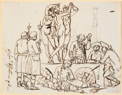 Satire of the police and the lottery being housed at Charlottenborg together with the Art Academy. People from the lottery and watchmen are seen together with the three graces by Nicolai Abildgaard
