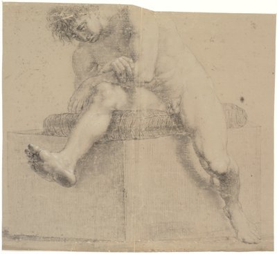 Seated Model on Low Plinth with Pillow. Arms Crossed. Left Leg Bent, Right Leg Extended by Nicolai Abildgaard