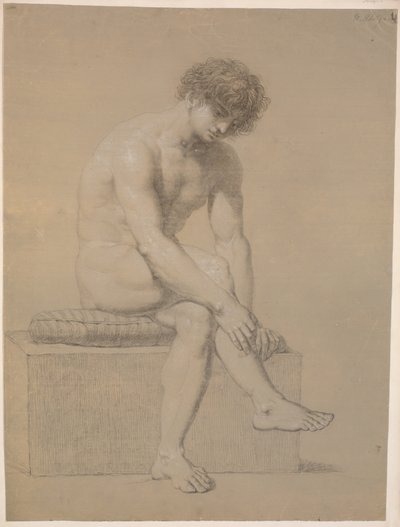 Seated Model on Low Plinth with Cushion. Turned to the Right. Hanging Arms. Crossed Legs by Nicolai Abildgaard