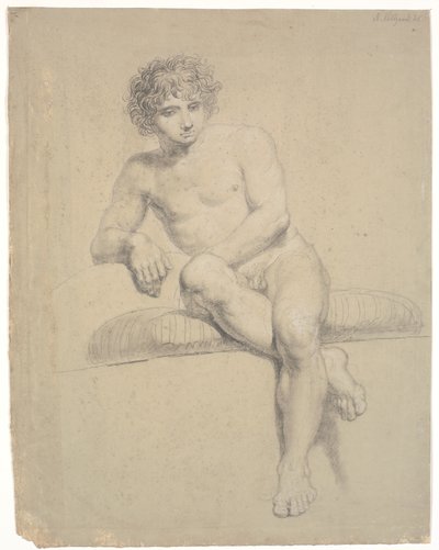 Seated Model on Low Plinth with Cushion. Seen from the Front. Crossed Legs by Nicolai Abildgaard