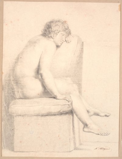 Seated Model on Plinth with Cushion. Profile to the Right. Head Supported by Left Arm. Legs Do Not Reach the Floor by Nicolai Abildgaard