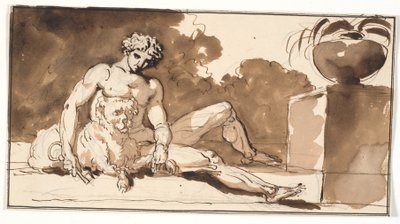 Seated Naked Man with a Key in Hand, a Poodle and an Agave to the Right by Nicolai Abildgaard