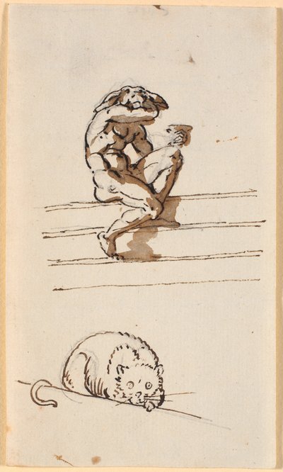 Study of Lucius with Donkey Head. Below, Study for the Cat in Simo Confides in Sosia by Nicolai Abildgaard