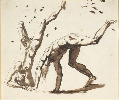 Two naked men doing cartwheels, standing on their heads or similar by Nicolai Abildgaard