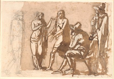 Three Gentlemen in 17th Century Costumes Observing a Young Classical Couple by Nicolai Abildgaard