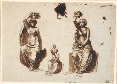 Three Studies for an Allegorical Seated Female Figure with a Raised Medusa Head in the Right Hand by Nicolai Abildgaard