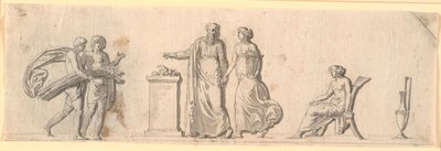 Draft for Decoration of a Field, Probably a Painted Wooden Panel on a Piece of Furniture. Antique Figures with Flower Baskets and Sheaves by an Altar by Nicolai Abildgaard