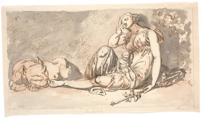 Draft for a Door Piece. Sleep, a Reclining Female Figure with a Small Child and a Lion at Her Right Side by Nicolai Abildgaard