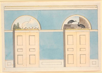 Draft for Wall Decoration with Semi-Circular Fields Above Two Doors, on Blue Walls by Nicolai Abildgaard