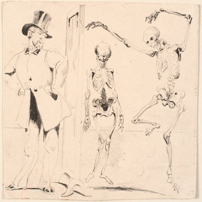 Sample Sheet. Gentleman Trying on Clothes in Front of a Mirror. Two Skeletons by Nicolai Habbe