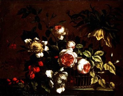 Roses, peonies and other flowers on a ledge by Nicolas (circle of) Baudesson