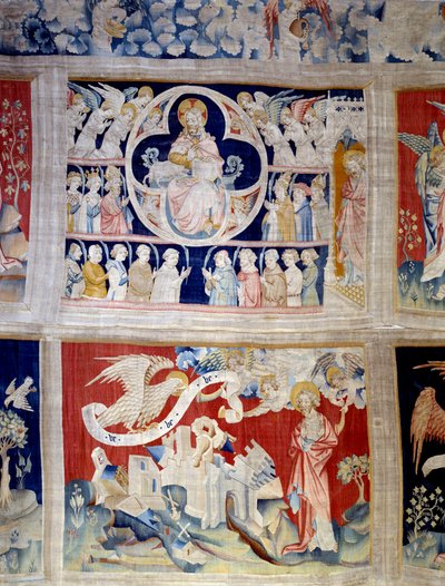 Curtain of Revelation: God and the Lamb, symbol of Christ. Below, the three angels liberate the powers by Nicolas Bataille