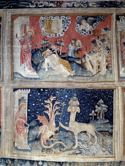 Curtain of Revelation. Jean surprised by the resurrection of the two friends. The dragon gives a royal sceptre to a panther. Tapestry by Nicolas Bataille by Nicolas Bataille