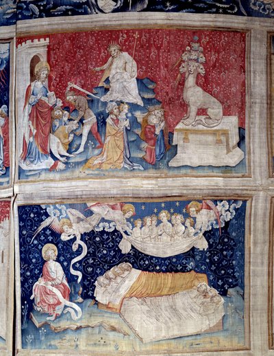 Hanging of Revelation (1373-1383). N. 44 high: the beast has seven heads. N. 51 low: The sleep of the righteous. Tapestry by Nicolas Bataille (1330-1405) by Nicolas Bataille