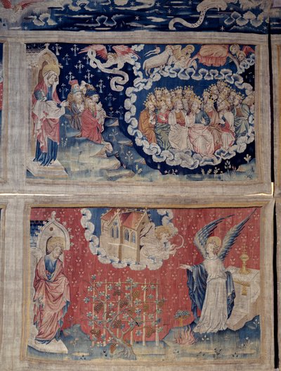Hanging of Revelation, No. 48: The Ascent of the Lamb, The Singing of the Chosen. Below, No. 54: An Angel Comes Out of the Temple with a Sharp Sickle, Another Angel Orders Him to Harvest the Clusters of the Vineyards of the Earth by Nicolas Bataille