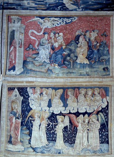 Hanging of Revelation, No. 49: The First Angel Announces Victory. Below, No. 56: The Seven Angels Carry the Seven Bowls of God