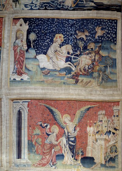 Hanging of Revelation, No. 70: The Word of God Loads the Beasts. No. 74: Saint John Before the Angel and New Jerusalem by Nicolas Bataille