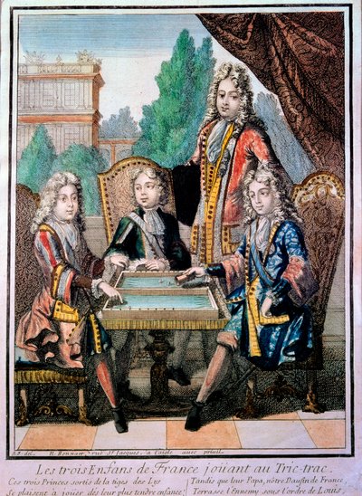 The grandchildren of Louis XIV, Louis Duke of Burgundy, Philippe, Duke of Anjou, and Charles, Duke of Berry with their father, Louis, dolphin of France, playing tric trac by Nicolas Bonnart