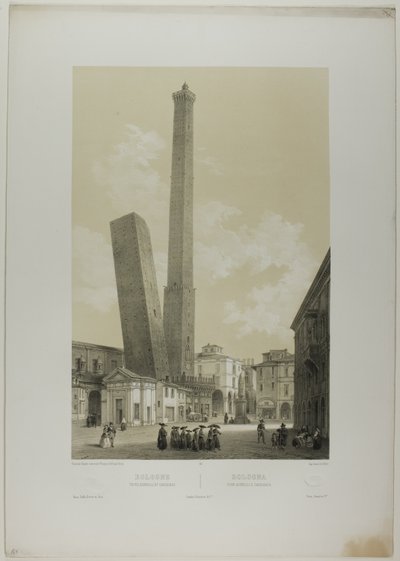 Bologna: The Asinelli and Garisenda Towers, plate 40 from Monumental and Picturesque Italy by Nicolas Chapuy
