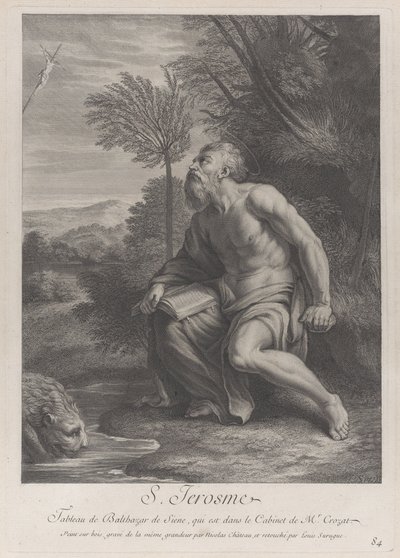 Saint Jerome Seated by a Tree Looking Up at a Crucifix, a Lion Drinking Water from a Stream by Nicolas Chateau