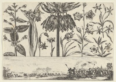 Horizontal Panel with a Row of Flowers Above a Frieze with a Battle Scene in a Landscape by Nicolas Cochin