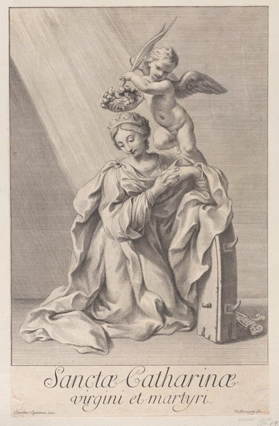 Saint Catherine of Alexandria, kneeling with her elbow resting on the spiked wheel by Nicolas Dorigny