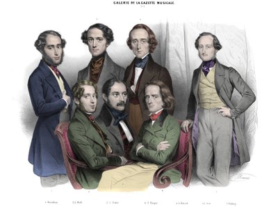 Galerie de la Gazette Musicale N. 2. Celebrities of 1842: Frederic Chopin, Franz Liszt, Jacob Rosenhain, Edouard Wolff, Sigismund Thalberg, Adolf von Henselt, Theodor Dohler. Engraving by Nicolas by Nicolas Eustache Maurin