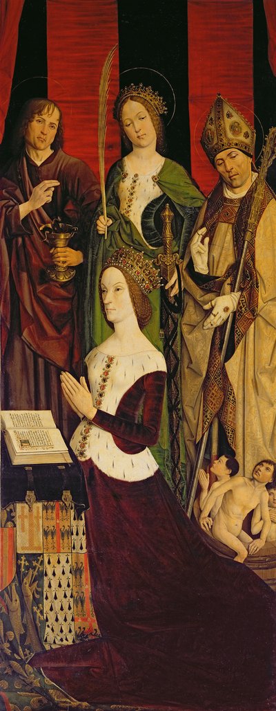 Triptych of Moses and the Burning Bush, Right Panel Depicting Jeanne de Laval with St. John, St. Catherine and St. Nicholas by Nicolas Froment