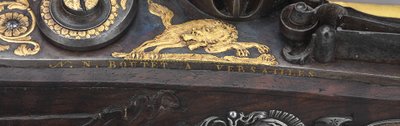 Detail of one of a pair of silver-mounted rifled flintlock pistols, Versailles by Nicolas Noel Boutet