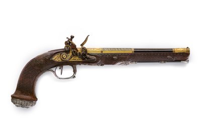 One of a Pair of Silver-Mounted Rifled Flintlock Pistols, Versailles by Nicolas Noel Boutet