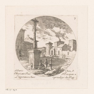 Figures by Crucifix in Village by Nicolas Perelle